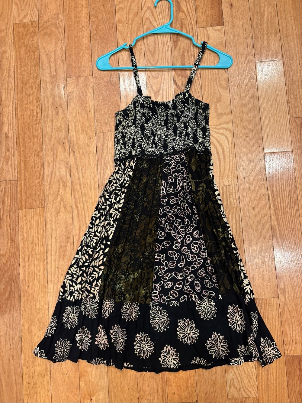 Black & Cream Patterned Smocked Cami Dress